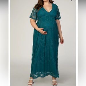 NWT PinkBlush Teal Lace Mesh Overlay Plus Maternity Maxi Dress-1X